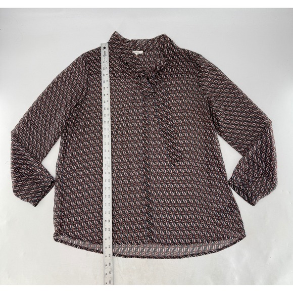 Pleione Womens XL Blue Red Geometric Print Tie Neck Chiffon Blouse Long Sleeve - Picture 6 of 7